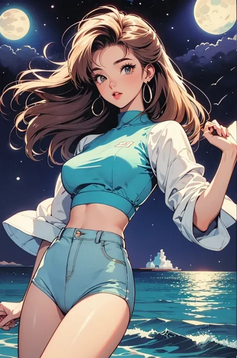 woman, 90s, retro, crop top,graphical design, 
1990s fashion、Animation illustrations from the 1990s、Looking forward、front、Watching the audience、、Ocean、night、Posing