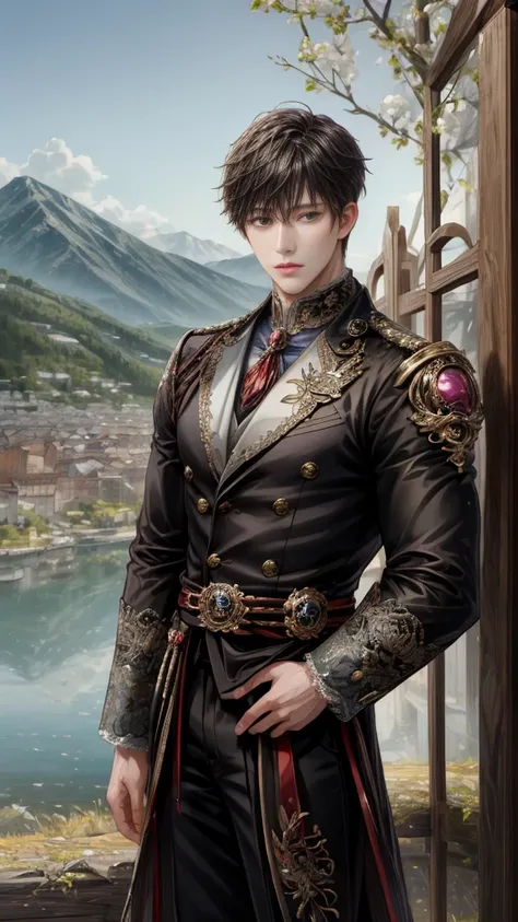 (absurdres, highres, ultra detailed, HDR), masterpiece, intricate, best quality, portrait of a character from Ikemen Shoujo Manga, a male idol in a detailed scenery town background 