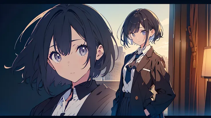 masterpiece,full body, 1girl ,black hair, short hair,straight hair,hair pulled back, black jacket, school uniform,uniform tie, finely detailed eyes and detailed face, simple background ,time is night。 at a fairly far distance, hands in pockets