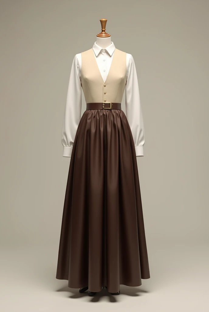 A full body graduation attire base on dark brown ankle length A line skirt, white blouse (tucked in skirt), and cream vest on top (buttoned) of blouse.