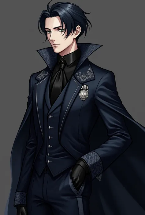 Ciel is wearing a dark navy blue suit, tailored to fit perfectly to his slender figure. The suit is made of a silk blend and has fine details, such as the intricate patterns on the cuffs and lapels.  A long, black lace cape extends from his shoulders and t...