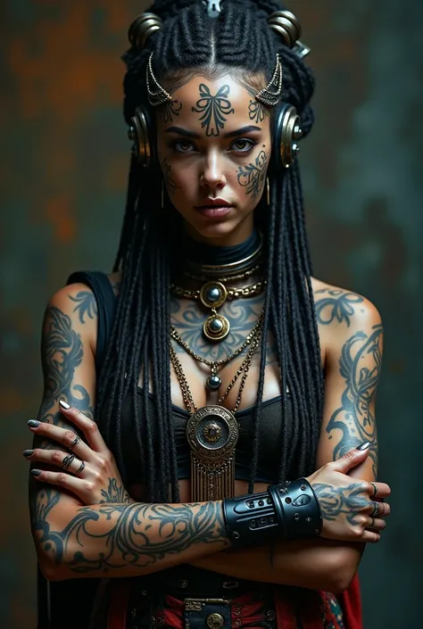 Close-up of a woman with a tattoo on her face., Dark Elf, Punk fraction, Intricate braids, Matte Portrait Photography, Beautiful female robot, dark skin, She is dressed in a shaman costume., Face with tattoos, Cryptopunk, Put on heavy makeup ,Standing tall...