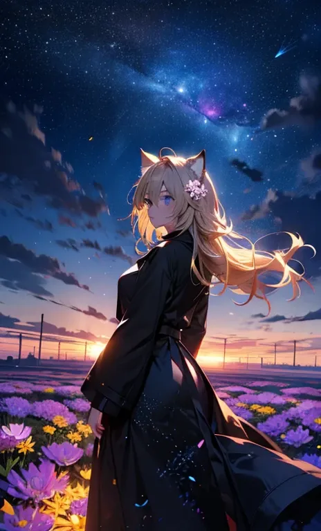 １people々々,Woman with medium length blonde hair，Cat ear，Long coat，Takageta， Dress Silhouette， Rear View，Space Sky, Flower Field，Countless meteor showers，Colorful cosmos flowers，Dancing Petals，