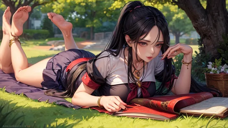 Under the warmth of a sunny trees shade, a stunning mature woman was lying on her stomach on the lush green grass, book open in front of her. Her long black hair cascades down, partially obscuring the pages as she reads, exposing most of her chest adorned ...