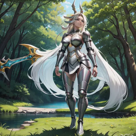 anime girl with sword and armor in a fantasy setting, armor girl, detailed key anime art, covered in full silver armor, high detailed official artwork, with sleek silver armor, cushart krenz key art feminine, sliver ice color reflected armor, from arknight...