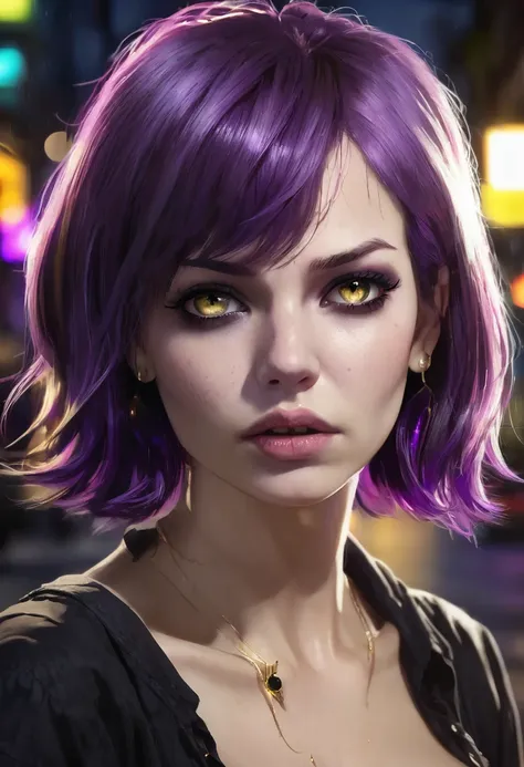 1 woman, inside a city at night, wearing a black blouse, feminine yellowish brown eyes, pale detailed skin, large breasts, ear piercing, short purple hair, , dramatic lighting, cinematic composition, mouth piercing, dark palette, dark colors, atmospheric f...