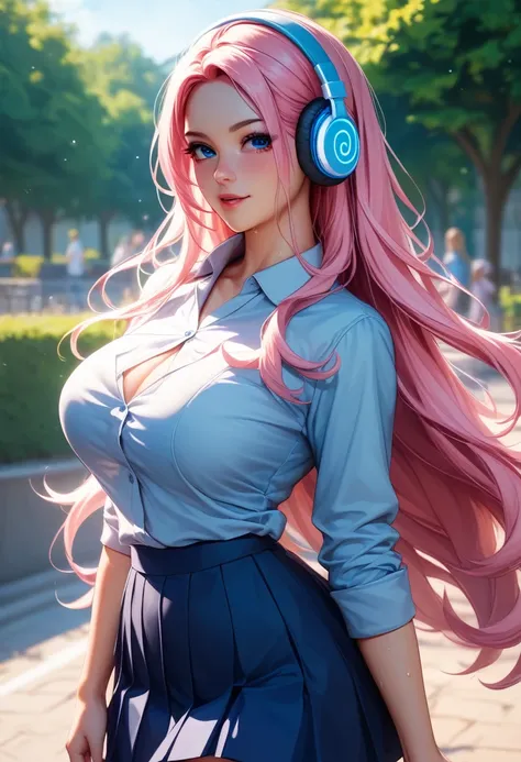 alone、、Beauty、very cute、Light pink hair, Straight long hair、blue eyes ,Natural Makeup、 Large Breasts、(shame:1.5)、Light blue hoodie、Headphones on neck、Blue pleated skirt、Refreshing look、Cowboy Shot、Best Angle、Walking in the park、Excessive sweating all over ...