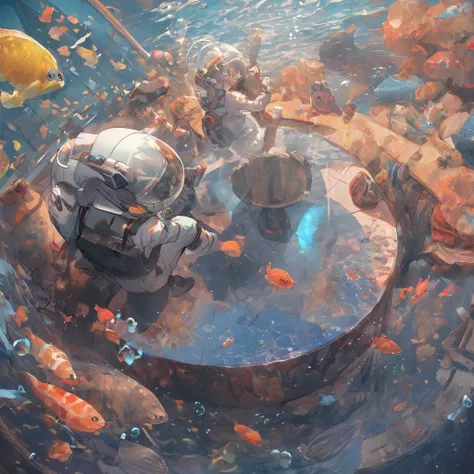 An 8K high-resolution illustration of an astronaut sitting in a unique underwater café, sipping a cup of coffee. The astronaut, wearing a full space suit but with the helmet off, is seated at a glass table, observing colorful tropical fish swimming around ...