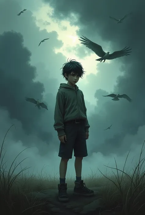 Depressed boy in a stormy weather , blowing wind with birds flying in standup looking at the sky