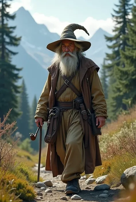 An old wizard with his brownish robe,wearing brownish hat and sling bag holding a smoking pipe walking in the wilderness.4k image,hyper realistic