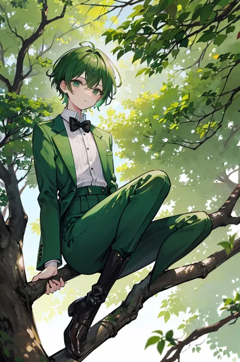 sitting on a high branch of a tree with green leaves、With short green hair、He was wearing a green suit jacket, a white shirt, black suspenders and black trousers.、Wearing brown boots、youth、