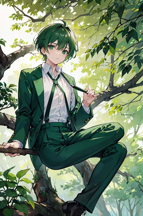 sitting on a high branch of a tree with green leaves、With short green hair、He was wearing a green suit jacket, a white shirt, black suspenders and black trousers.、Wearing brown boots、youth、