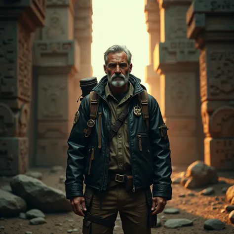 (Black Leather Jacket), In front of the ancient ruins, an explorer is preparing to enter unknown territory. He was wearing a black leather jacket adorned with various exploration equipment and symbols, hinting at his rich experiences. The background is the...