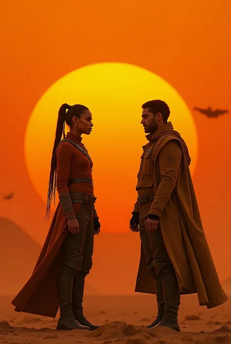 (photorealism:1.2), Zendaya and Timothée Chalamet jackets standing in front of a bright orange background, scene from film Dune 2, arrakis, warrior, giant worm, 