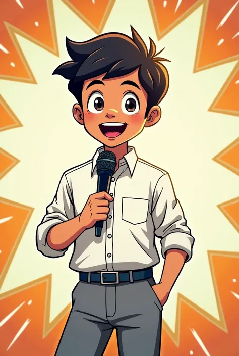 Description: A 15-year-old boy in a school uniform (White shirt, Grey trousers) is in front of a simple background, with a microphone in hand, ready to tell the story of the school. He has an enthusiastic and proud expression..
comics style
