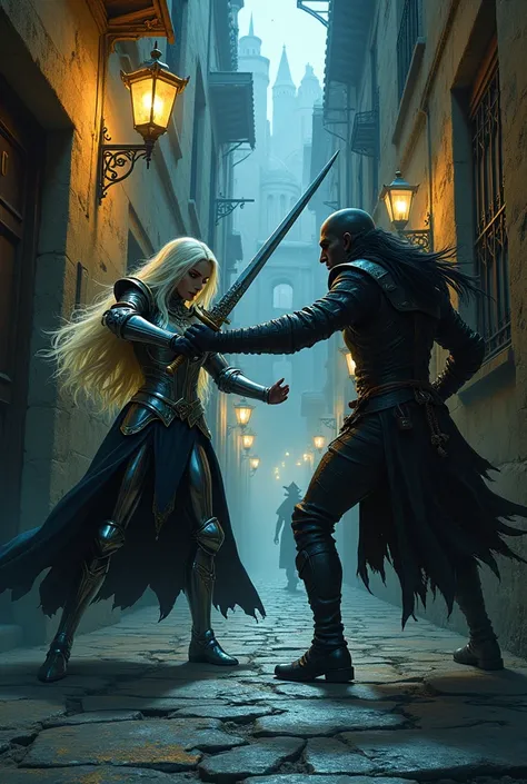 A fierce battle between a Waifu High Elf and a Waifu Dark Elf in a narrow, sinister city alleyway. The High Elf, clad in shining, elegant armor, wields a gleaming longsword with grace and precision. Opposing him, the Dark Elf, dressed in dark, leather armo...