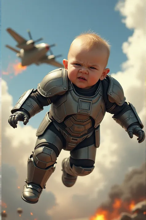 A baby in armor with an angry facial expression was flying and hitting a fighter plane until it burned. facing the sky