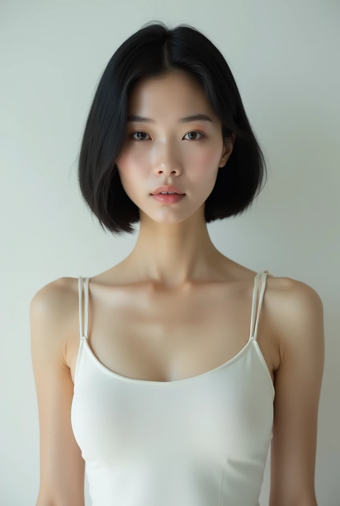 Japanese woman, 30 years old, bob haircut, streight face showing no emotion, looking into camera, tank top, no bra, standing streight, frontal view, highly detailed face, high resolution, no make-up, photorealistic