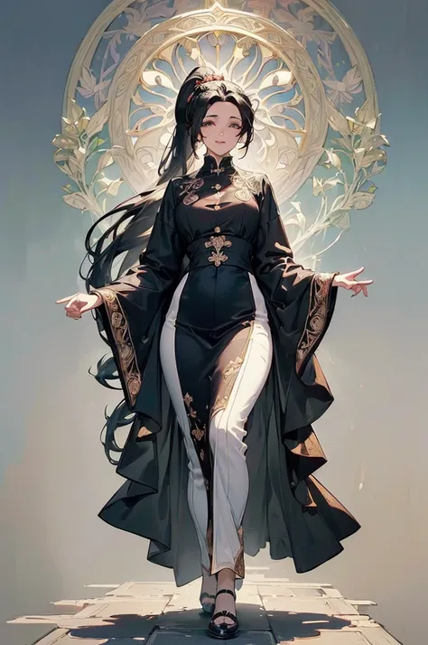 ((((High resolution, Intricate details, masterpiece, 8k)))), (((beautiful, Art Nouveau))), ((One Woman, full body, Walking)), (Black Hair, Long Hair, ponytail, slender), from front, looking at viewer, look at viewer, Red cheeks, smile, outside, noon, brigh...