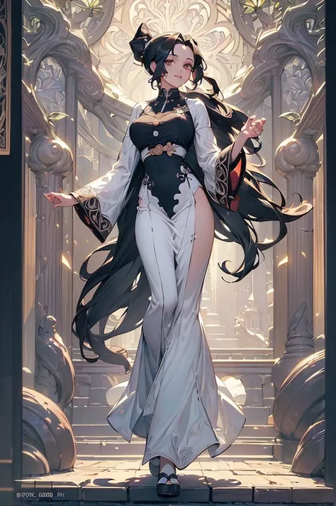 ((((High resolution, Intricate details, masterpiece, 8k)))), (((beautiful, Art Nouveau))), ((One Woman, full body, Walking)), (Black Hair, Long Hair, ponytail, slender), from front, looking at viewer, look at viewer, Red cheeks, smile, outside, noon, brigh...