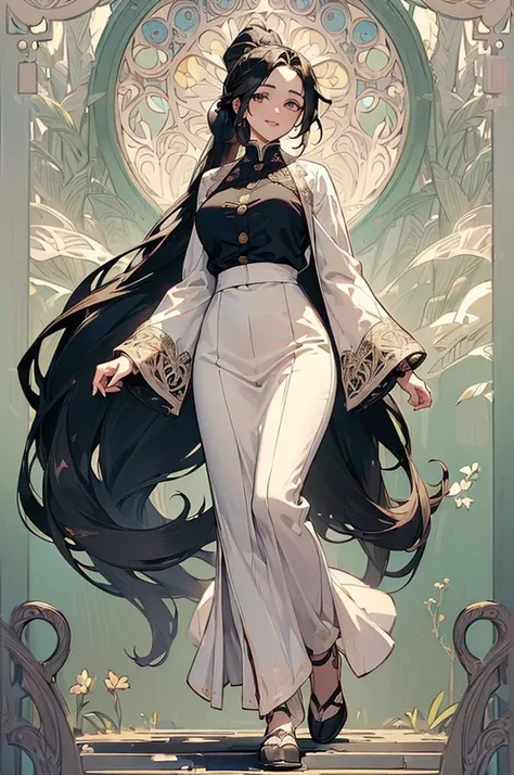 ((((High resolution, Intricate details, masterpiece, 8k)))), (((beautiful, Art Nouveau))), ((One Woman, full body, Walking)), (Black Hair, Long Hair, ponytail, slender), from front, looking at viewer, look at viewer, Red cheeks, smile, outside, noon, brigh...