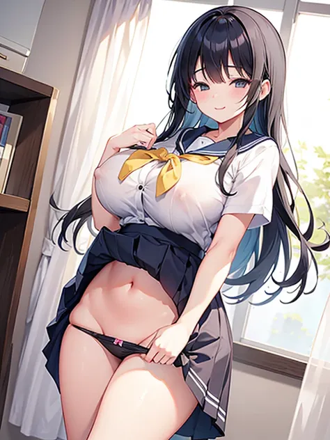 High school girls、Big Tits、Saggy breasts、Huge boobs、Sailor suit、skirt、Showing panties、out、Nipples、smile、Close your eyes、Long black hair、room