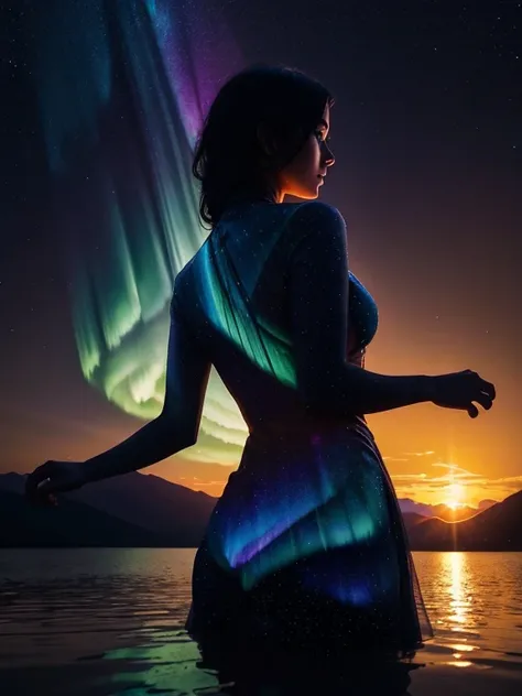 (double exposure:1.3), (The womans body is so transparent that you can see through to the other side), shadow art, fusion art, silhouette art, masterpiece, woman´s dress reflected on transparent shadow, evening sunset, bright starry sky, light leaks, Sunse...