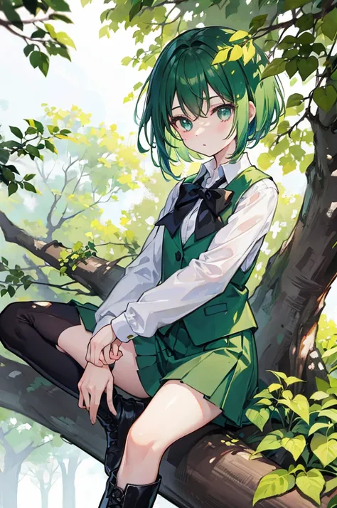 sitting on a high branch of a tree with green leaves、With short green hair、wearing a green suit jacket, a white shirt and black trousers.、He is wearing a black bow tie、Wearing brown boots、youth、