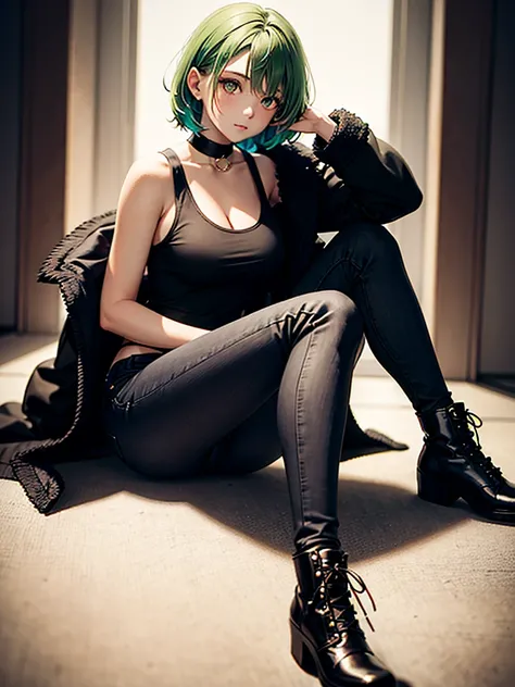 Portrait of a girl with green hair, amber eyes in stripped tank top with lacing, big black coat, black pants and boots