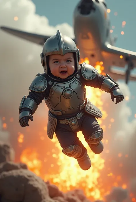 A baby in armor with an angry facial expression was flying kick a fighter plane until it burned. facing the sky. 