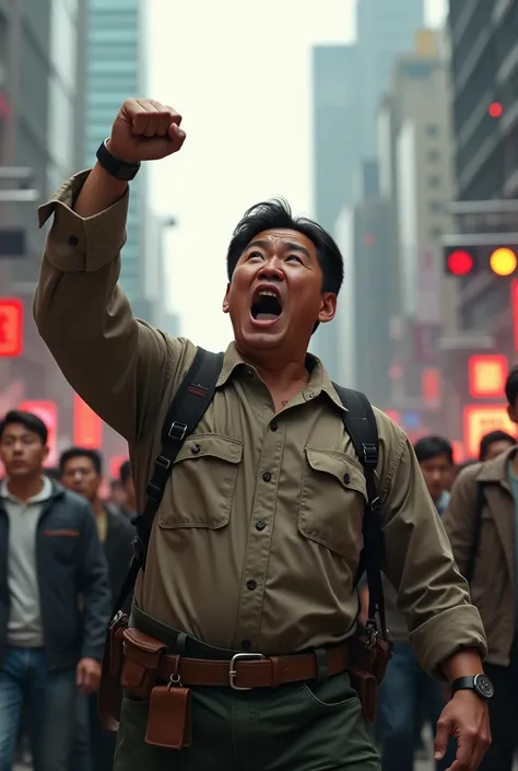 A male Korean worker shouts at his company while it is on strike in the middle of the city.