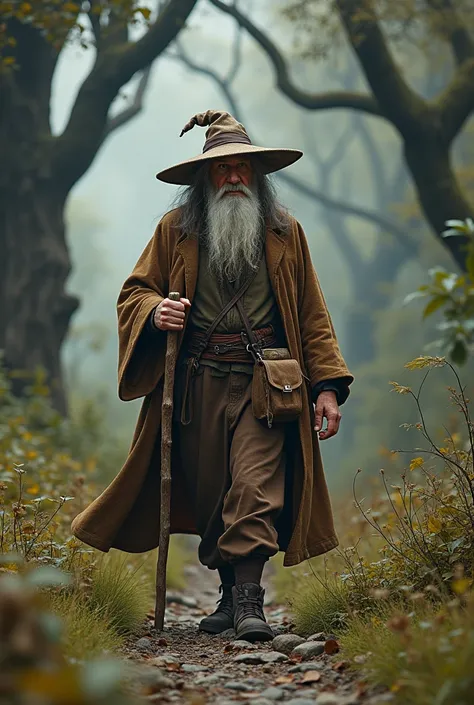 An old wizard with his brownish robe,wearing brownish hat and sling bag holding a cane walking in the wilderness.4k image,hyper realistic