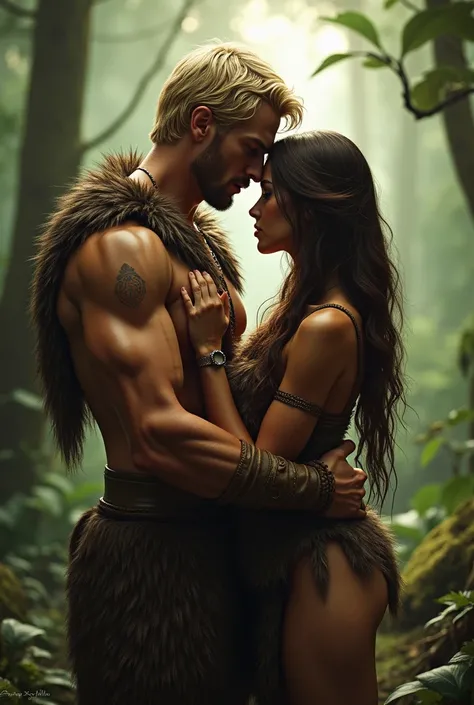 A couple in a dense forest. The man, muscular and blond haired, wears rustic clothes made of fur and leather, hugging the woman protectively. He looks down, touching your forehead to hers. the brunette woman, with long brown hair, also wears clothes made o...