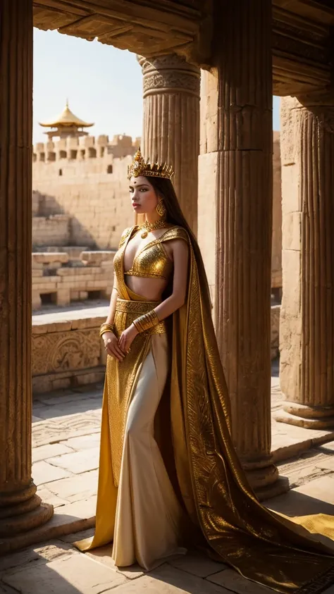 "A warrior queen with a golden crown, standing in a grand, ancient palace."