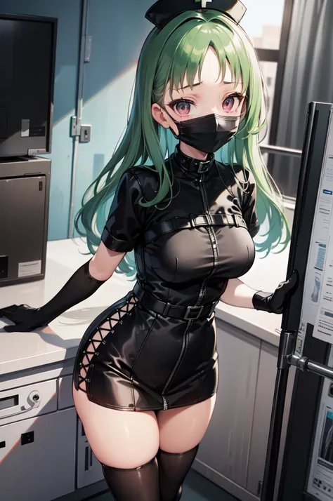 black nurse, 1woman, solo, black nurse cap, black nurse uniform, ((black legwear, zettai ryouiki)), black elbow gloves, forehead, long hair, green hair, pink eyes, ((black surgical mask, covered nose)), standing, ((surgery room)), sharp outline, short slee...