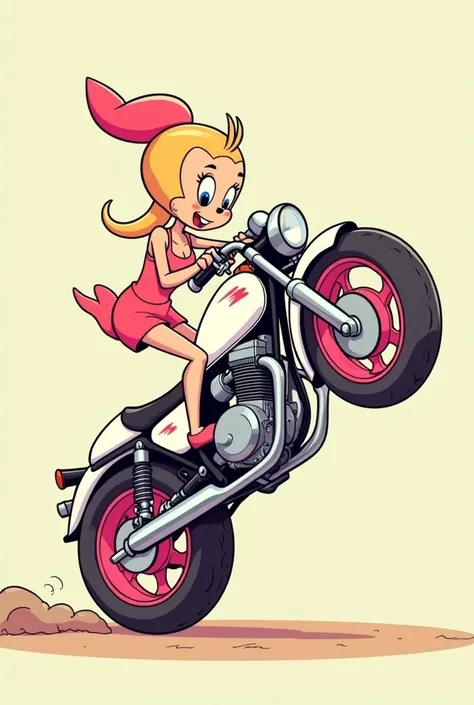 charming penelope from old cartoons wheelieing a white honda cbx 250 twister with pink rims, the photo has to be in profile