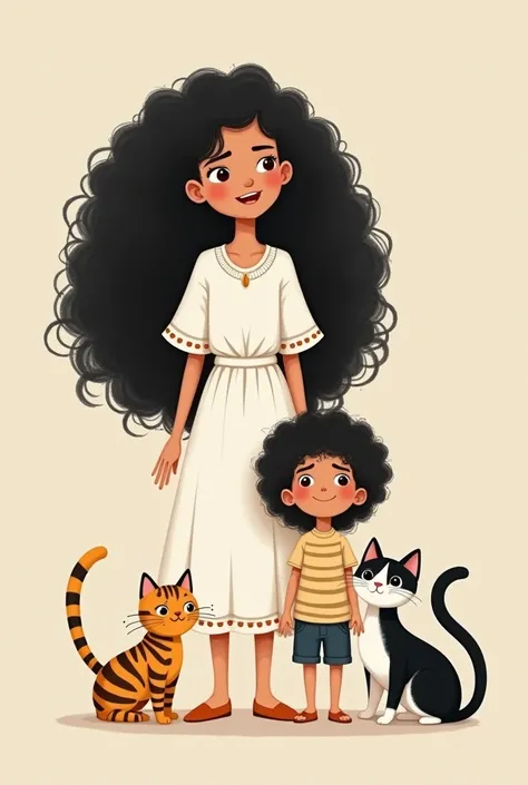 Create a drawing of a white woman with black curly hair and a white boy with black curly hair with a striped cat and another black and white cat