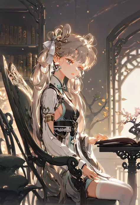 masterpiece, best quality, (perfect anatomy), from side, cowboy shot, 1girl, sitting, on chair, library, reading, looking down, depth of field, solo focus, holding book, small breasts, sideboob, legs together, grey eyes, JinshiWW, long hair, twintails, hai...