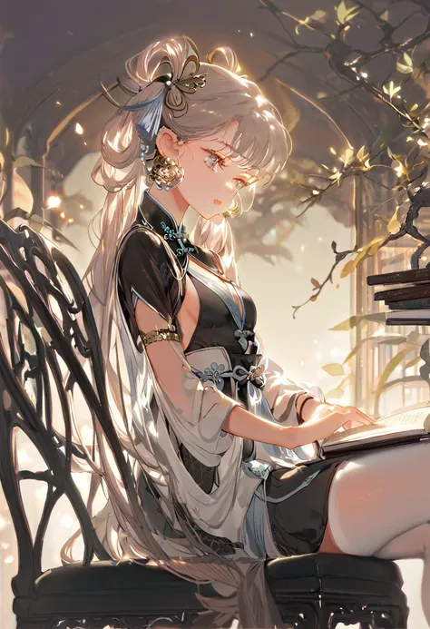 masterpiece, best quality, (perfect anatomy), from side, cowboy shot, 1girl, sitting, on chair, library, reading, looking down, depth of field, solo focus, holding book, small breasts, sideboob, legs together, grey eyes, JinshiWW, long hair, twintails, hai...