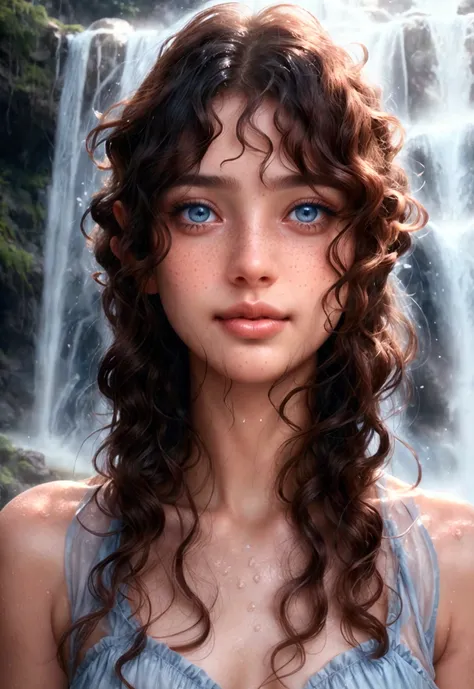 (wet curly hair under blue waterfall, beautiful woman_ delicate eyes, shining brown eyes, nose, mouth, clean skin, slight freckl...