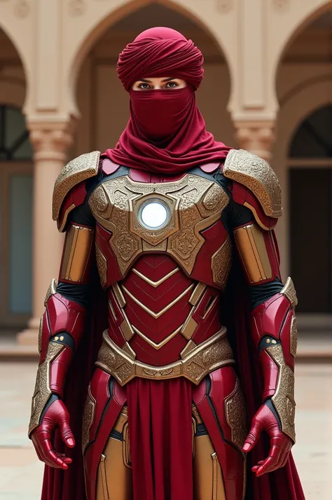 Create an image of Iron Man wearing a traditional Muslim suit, complete with a turban and intricate patterns. The suit should be a blend of Iron Mans iconic armor and the elegant, flowing style of traditional Muslim attire. Ensure the color palette combine...