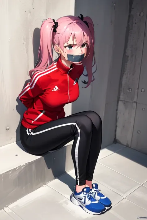 ((1 girl)), ((twin tails)), (sexy),  ((simple_background)), ((concrete floor, concrete wall)), ((underground room)), ((arms behind back)), ((scowl)), ((sitting on the knees)), ((tape gag)),  ((helpless)), ((calm)), ((struggling)), (blue tracksuit,tracksuit...