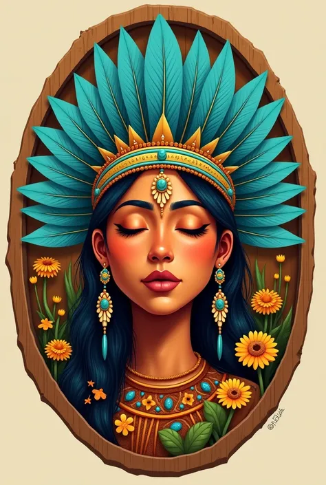 Illustration of an indigenous female face with cinnamon-colored skin from Colombian culture looking straight ahead with closed eyes wearing a headdress of aquamarine-colored feathers , ochres and yellows and flowers and plants around in a wooden circle
