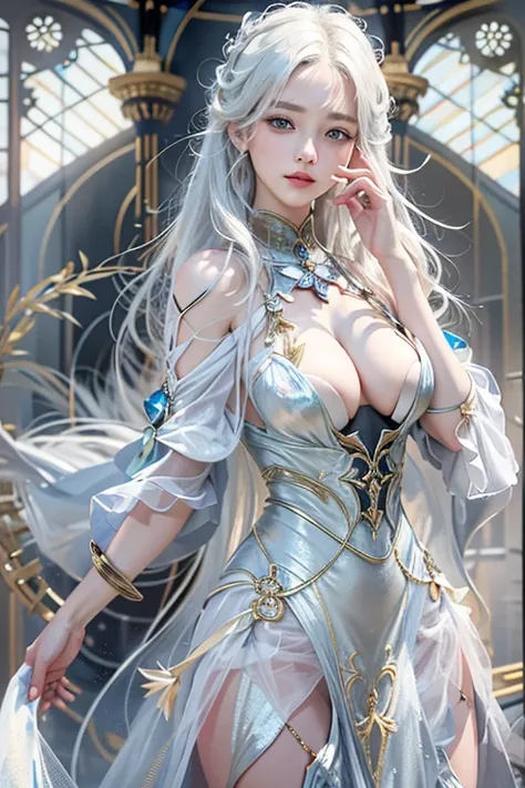 (masterpiece:1.3), (8k, Realistic, RAW Photos, Best image quality: 1.4), Fair-skinned fairy woman、Long Hair、Cleavage:2.0、Highly detailed face、Attention to detail、double eyelid、Chest to chest、Sharp focus:1.2、Beautiful woman:1.4、Silvery white hair、Highest qu...