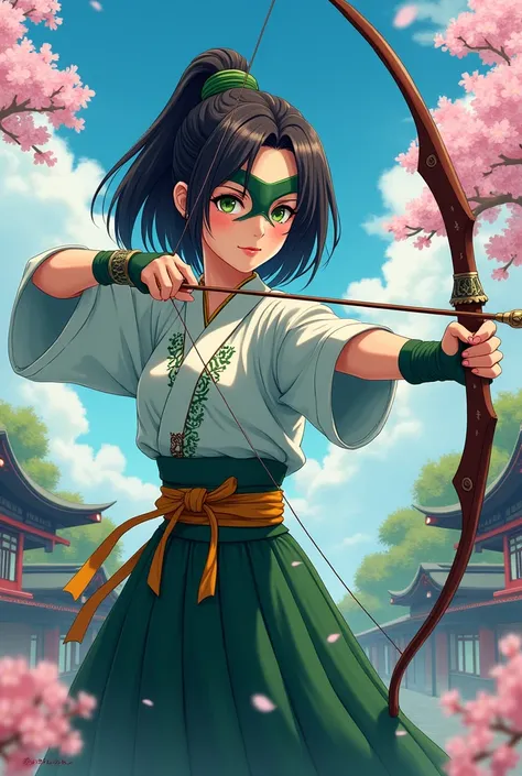 Sengoku period, woman, Japanese, Green Arrow, anime, high school girl, archery, eye mask