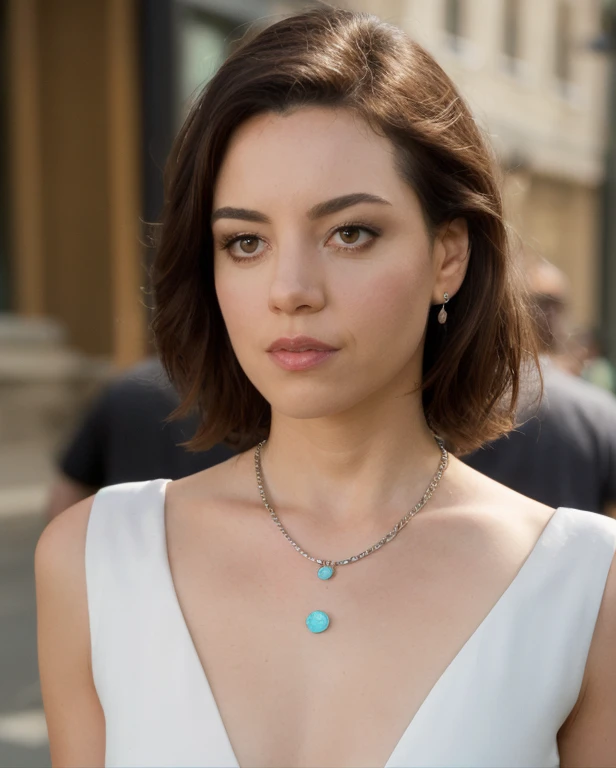 a picture of 4ubrey, brunette, realistic, photorealistic, detailed skin, surface scattering, bokeh, skin pores, city streets,detailed face,wearing a white  dress,wearinga necklace