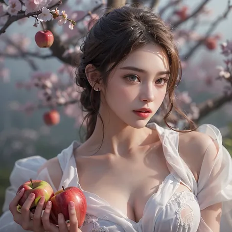 A woman holding an apple stands on top of a hill、Gothic Dress、1 person, Highest quality, masterpiece, Ultra-high resolution, (Realistic:1.4), RAW Photos, 1 person, Cinema Lighting,((Highest quality、masterpiece、8k、Best image quality、Ultra-high resolution、Aw...