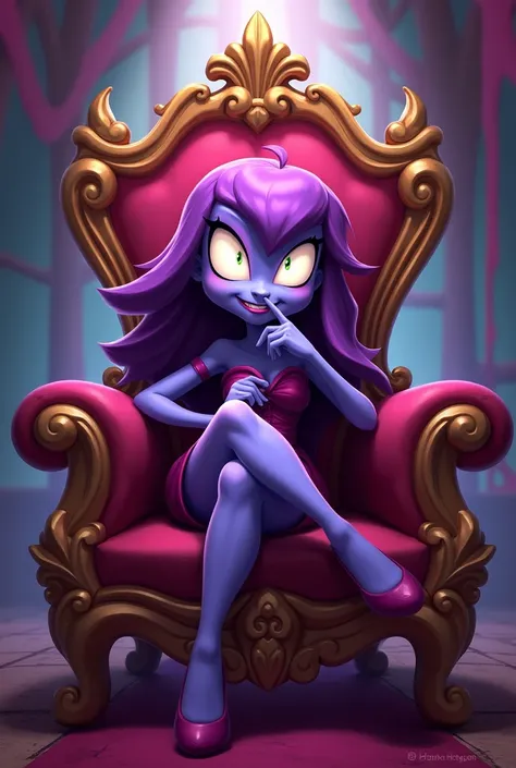 Eve , hazbin hotel, one person , light purple skin , big white bright smile , a gesture of keeping a secret , sitting on the throne