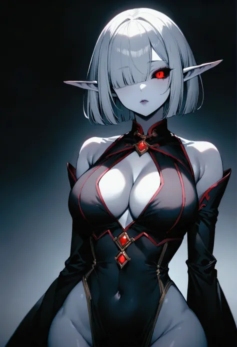 solo、Portrait、Upper body big、Narrow waist、Wide Hips、Slim grey hair、Straight short hair、Blunt bangs、Hair above one eye、Elf Ears、Red eyes、black sclera、Grey Skin、eyeliner、Black chest curtains、Cleavage、Side bust、abdomen、belly button、Black detachable sleeve mag...