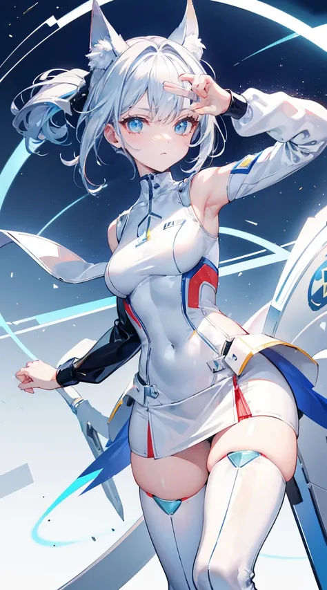 white solid background，stand at attention，ID photo，Patent leather racing suit，Show your body appropriately，Waist，Unequal length，Patent leather hip skirt，Double tail，stand at attention站好，ID photo，Game CG，Stand still，front